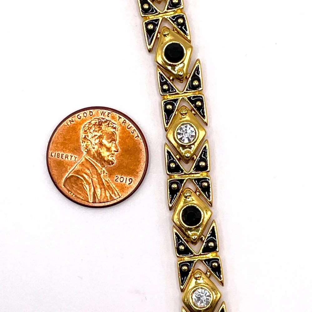 Joan Rivers Signed Vintage Gold Tone Crystal Enamel Link Bracelet 7 1/4